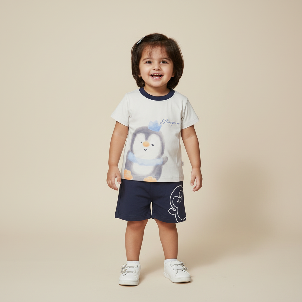 Boys Penguin 2-Piece Set - Cute Printed Shirt & Shorts for Toddlers 12M-4Y
