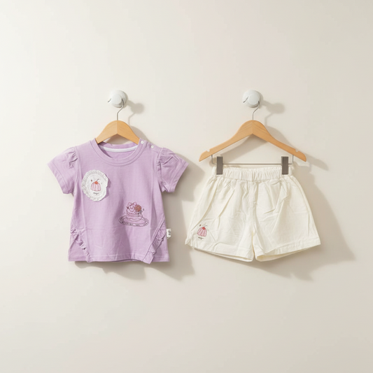 Baby Girls Purple 2-Piece Set - Adorable Printed Shirt & Shorts for Infant Girls 9-24 Months