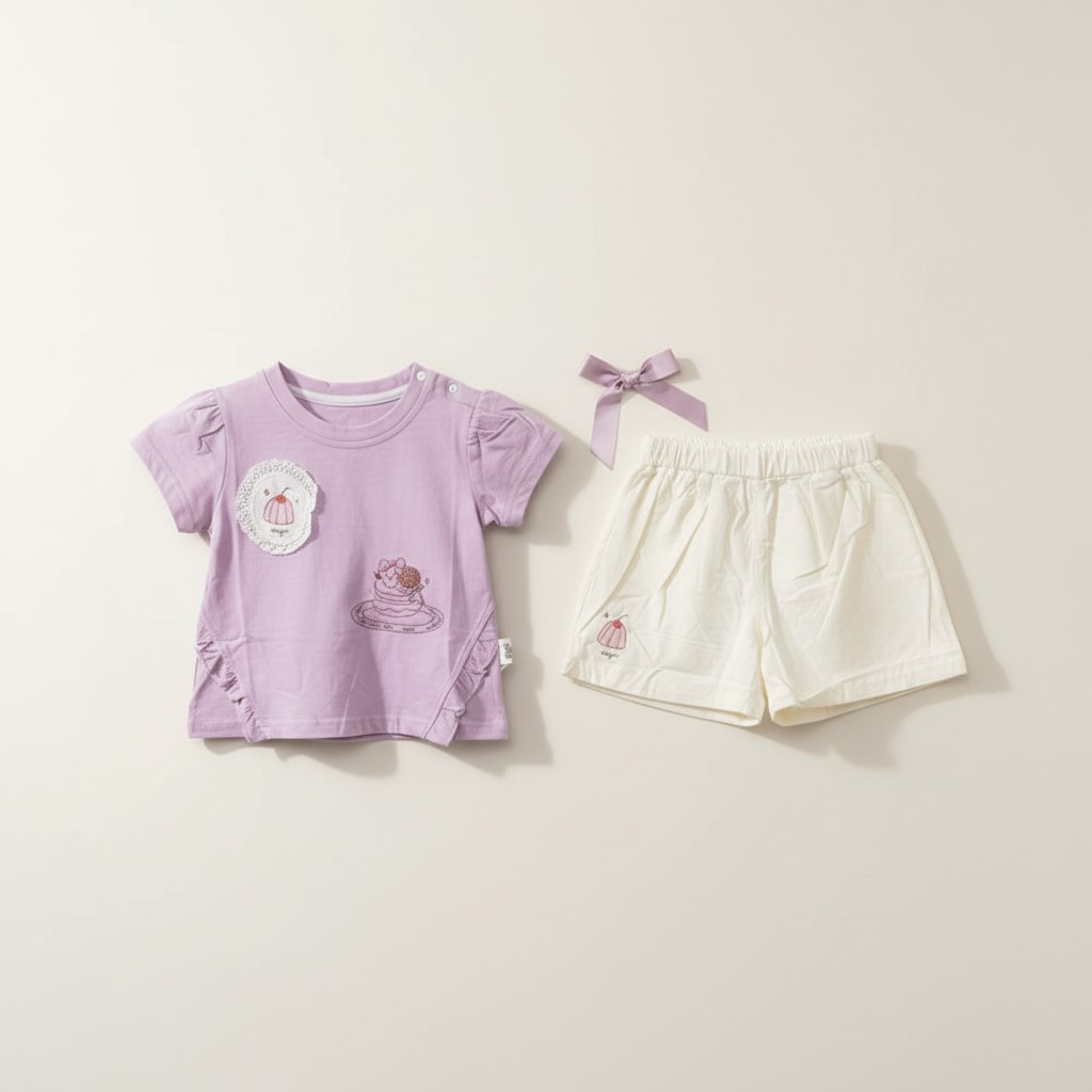 Baby Girls Purple 2-Piece Set - Adorable Printed Shirt & Shorts for Infant Girls 9-24 Months