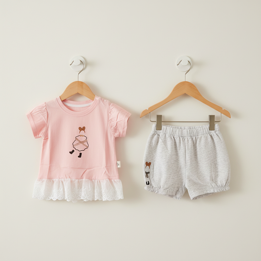 Baby Girls Pink 2-Piece Set - Printed Shirt & Shorts for Infant Girls 9-24 Months