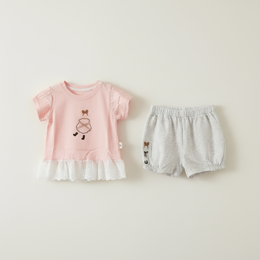 Baby Girls Pink 2-Piece Set - Printed Shirt & Shorts for Infant Girls 9-24 Months