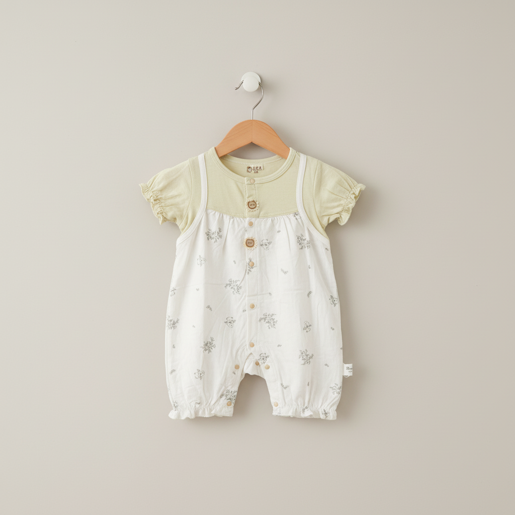 Baby Girl Romper - Cute Rabbit Printed Bodysuit in Olive, Cream & Pink 6-18 Months