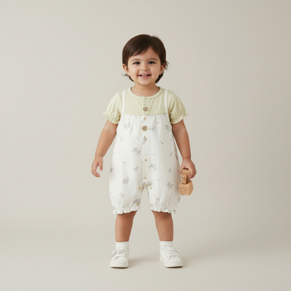 Baby Girl Romper - Cute Rabbit Printed Bodysuit in Olive, Cream & Pink 6-18 Months