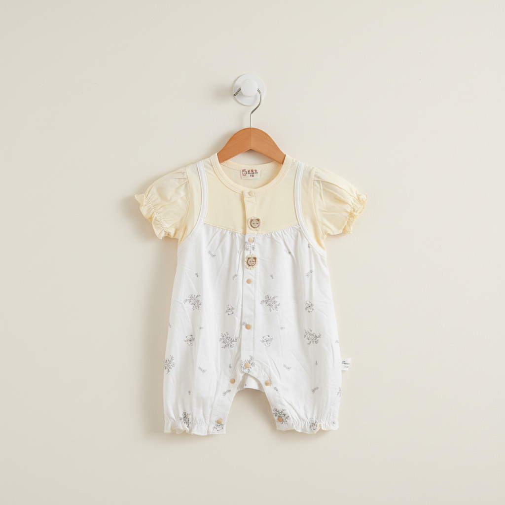 Baby Girl Romper - Cute Rabbit Printed Bodysuit in Olive, Cream & Pink 6-18 Months
