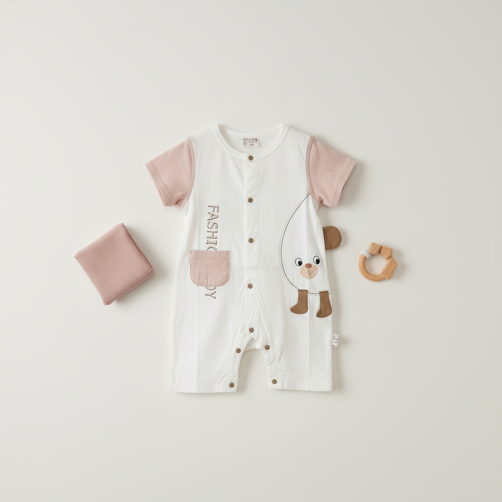 Baby Romper - Stylish Printed Bodysuit in Brown, Light Blue & Olive 6-18 Months