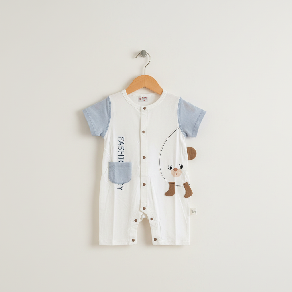 Baby Romper - Stylish Printed Bodysuit in Brown, Light Blue & Olive 6-18 Months