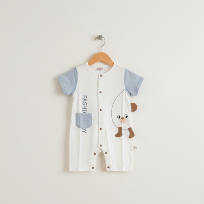 Baby Romper - Stylish Printed Bodysuit in Brown, Light Blue & Olive 6-18 Months
