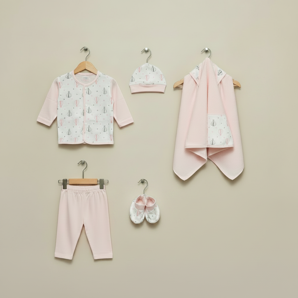 Newborn 5-piece layette set with cap swaddle and booties