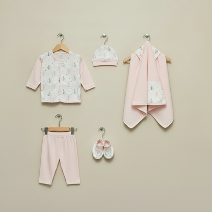 Newborn 5-piece layette set with cap swaddle and booties