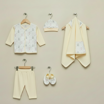 Newborn shirt trouser cap swaddle and booties set