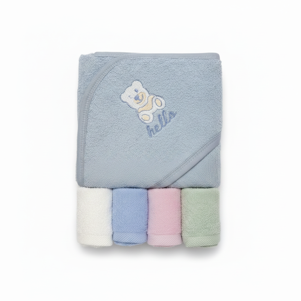 Baby Hooded Towel Set with 4 Face Towels - Soft Cotton Bath Time Bundle for Newborns & Infants