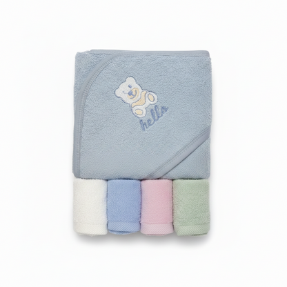 Baby Hooded Towel Set with 4 Face Towels - Soft Cotton Bath Time Bundle for Newborns & Infants