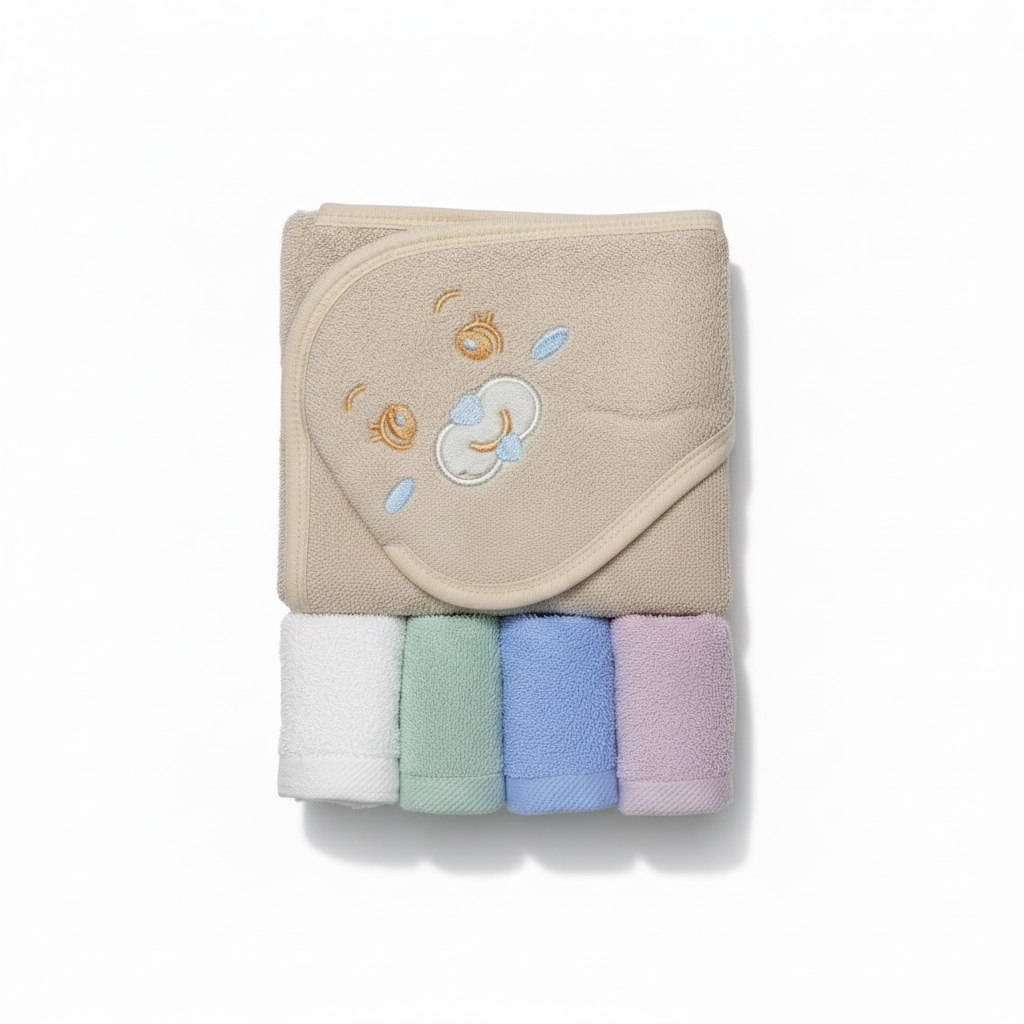 Baby Hooded Towel Set with 4 Face Towels - Soft Cotton Bath Time Bundle for Newborns & Infants