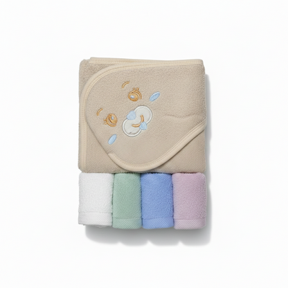 Baby Hooded Towel Set with 4 Face Towels - Soft Cotton Bath Time Bundle for Newborns & Infants