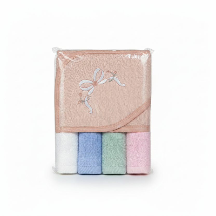 Baby Hooded Towel Set with 4 Face Towels - Soft Cotton Bath Time Bundle for Newborns & Infants