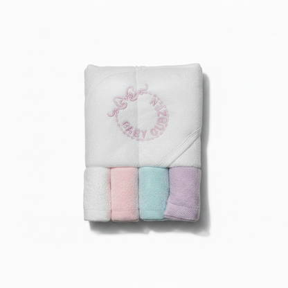 Baby Hooded Towel Set with 4 Face Towels - Soft Cotton Bath Time Bundle for Newborns & Infants