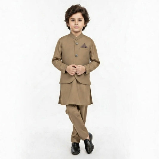 Boys Brown Kurta Shalwar with Plain Waistcoat - Traditional Outfit 4-7Y