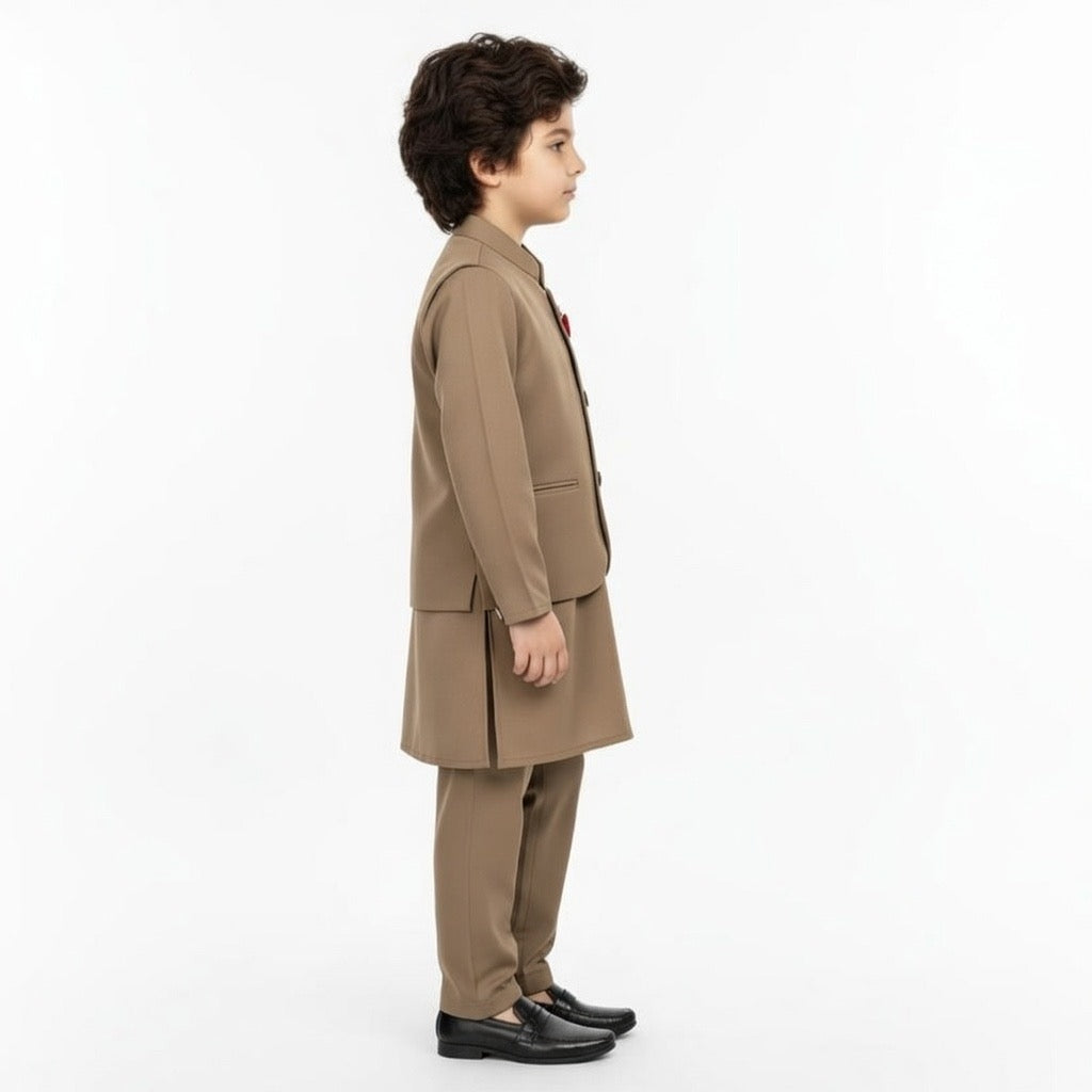 Boys Brown Kurta Shalwar with Plain Waistcoat - Traditional Outfit 4-7Y
