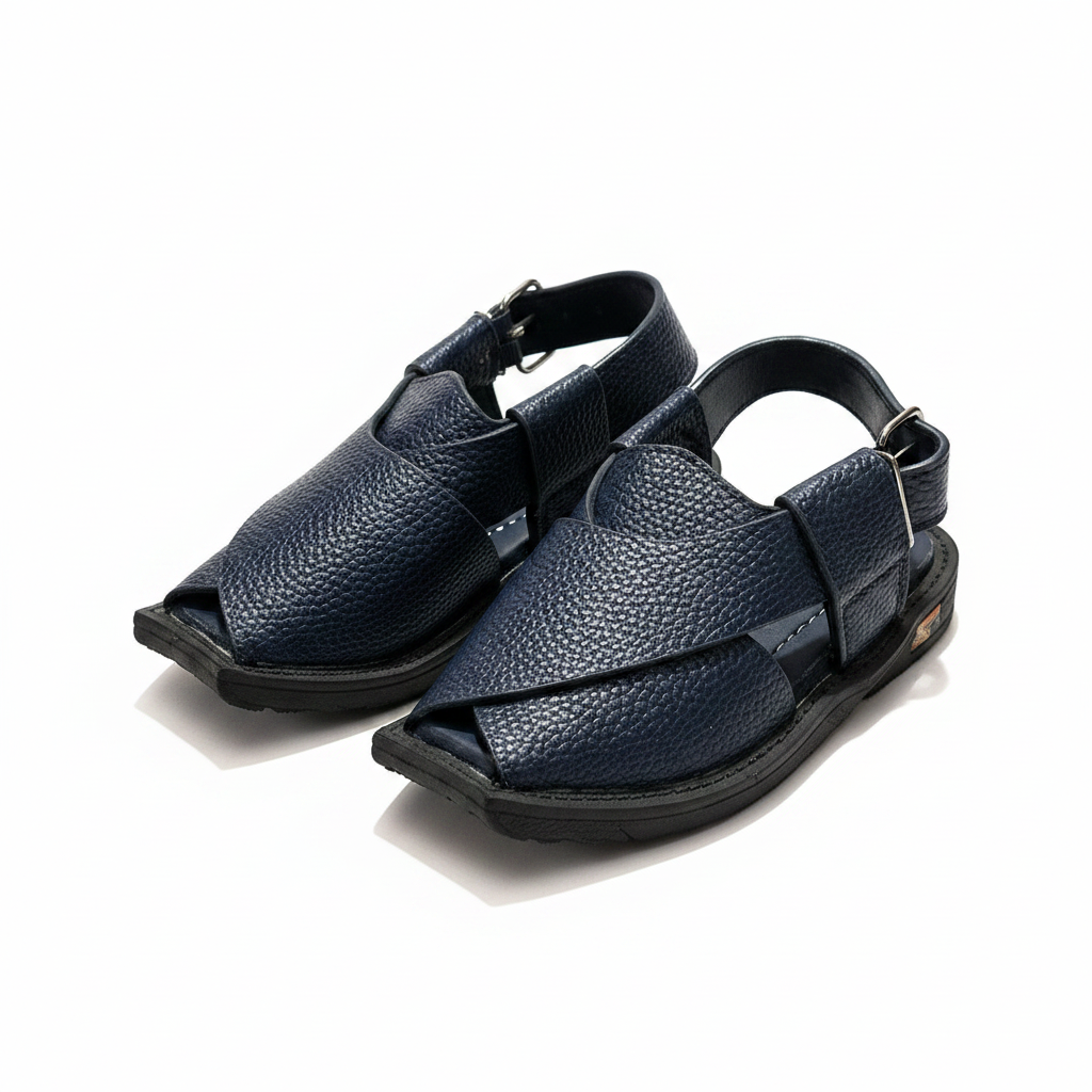 Kids Navy Blue Textured Peshawari Kaptaan Chappal – Soft Sole Handmade Traditional Sandals