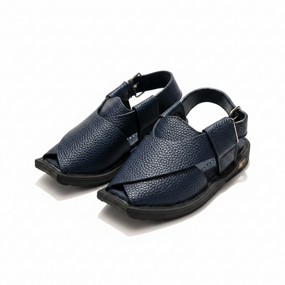 Kids Navy Blue Textured Peshawari Kaptaan Chappal – Soft Sole Handmade Traditional Sandals