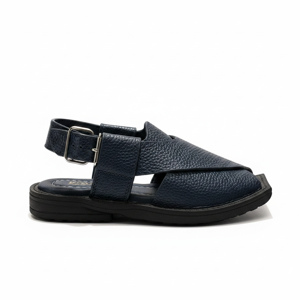 Kids Navy Blue Textured Peshawari Kaptaan Chappal – Soft Sole Handmade Traditional Sandals