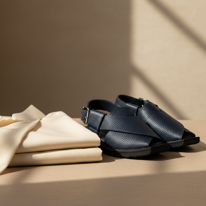 Kids Navy Blue Textured Peshawari Kaptaan Chappal – Soft Sole Handmade Traditional Sandals