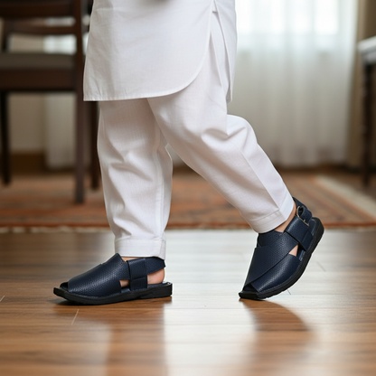 Kids Navy Blue Textured Peshawari Kaptaan Chappal – Soft Sole Handmade Traditional Sandals