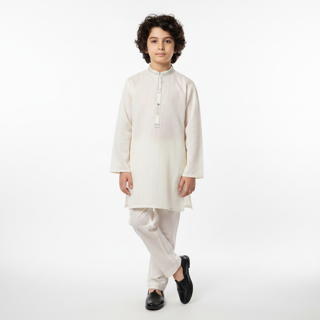 Boys White Cotton Kurta Shalwar – Premium 2-Piece Set