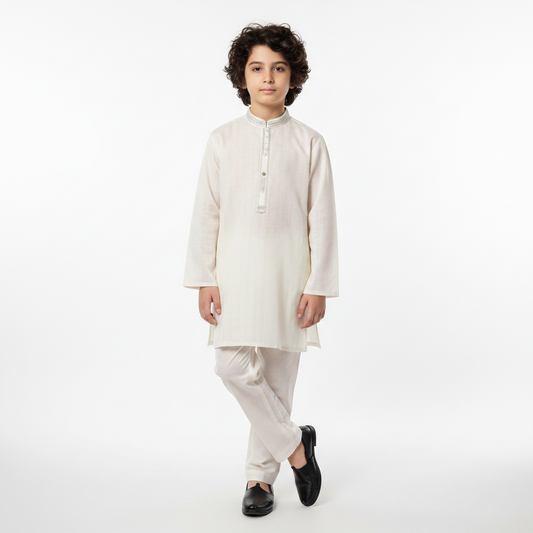 Boys White Cotton Kurta Shalwar – Premium 2-Piece Set