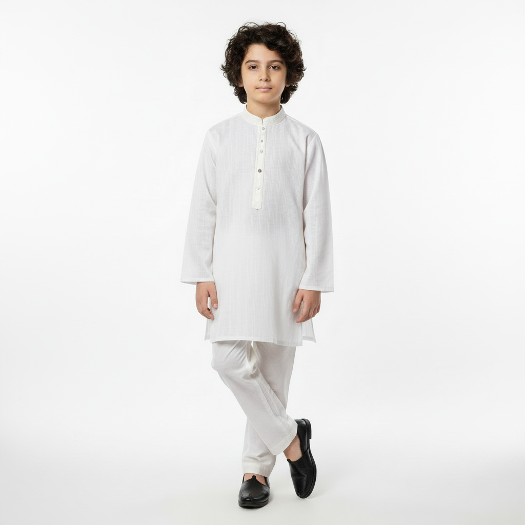 Boys White Cotton Kurta Shalwar – Premium 2-Piece Set