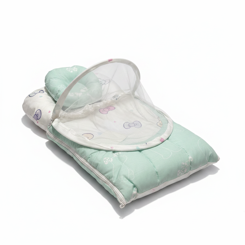 Baby Nest with Mosquito Net – Soft Infant Pod in Light Green & Blue