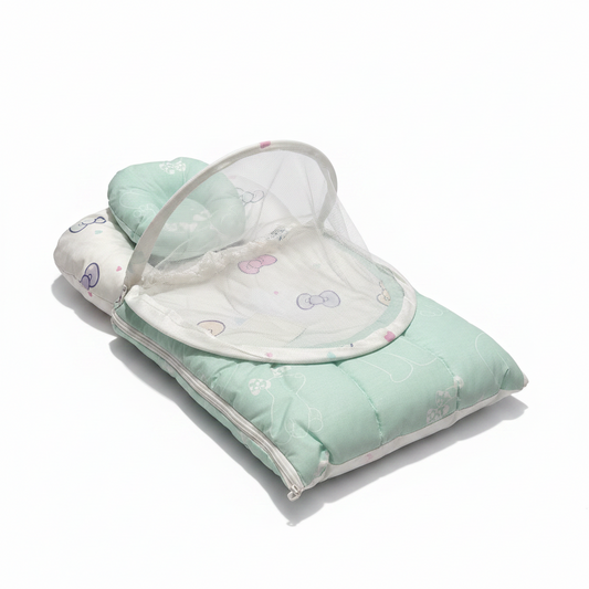Baby Nest with Mosquito Net – Soft Infant Pod in Light Green & Blue