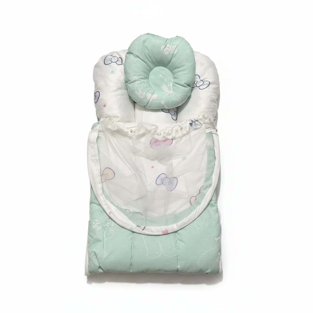 Baby Nest with Mosquito Net – Soft Infant Pod in Light Green & Blue