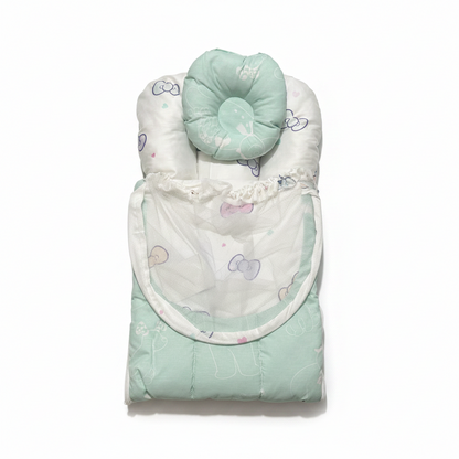 Baby Nest with Mosquito Net – Soft Infant Pod in Light Green & Blue