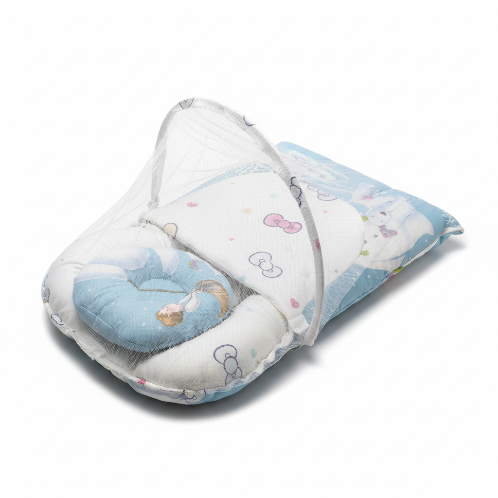 Baby Nest with Mosquito Net – Soft Infant Pod in Light Green & Blue