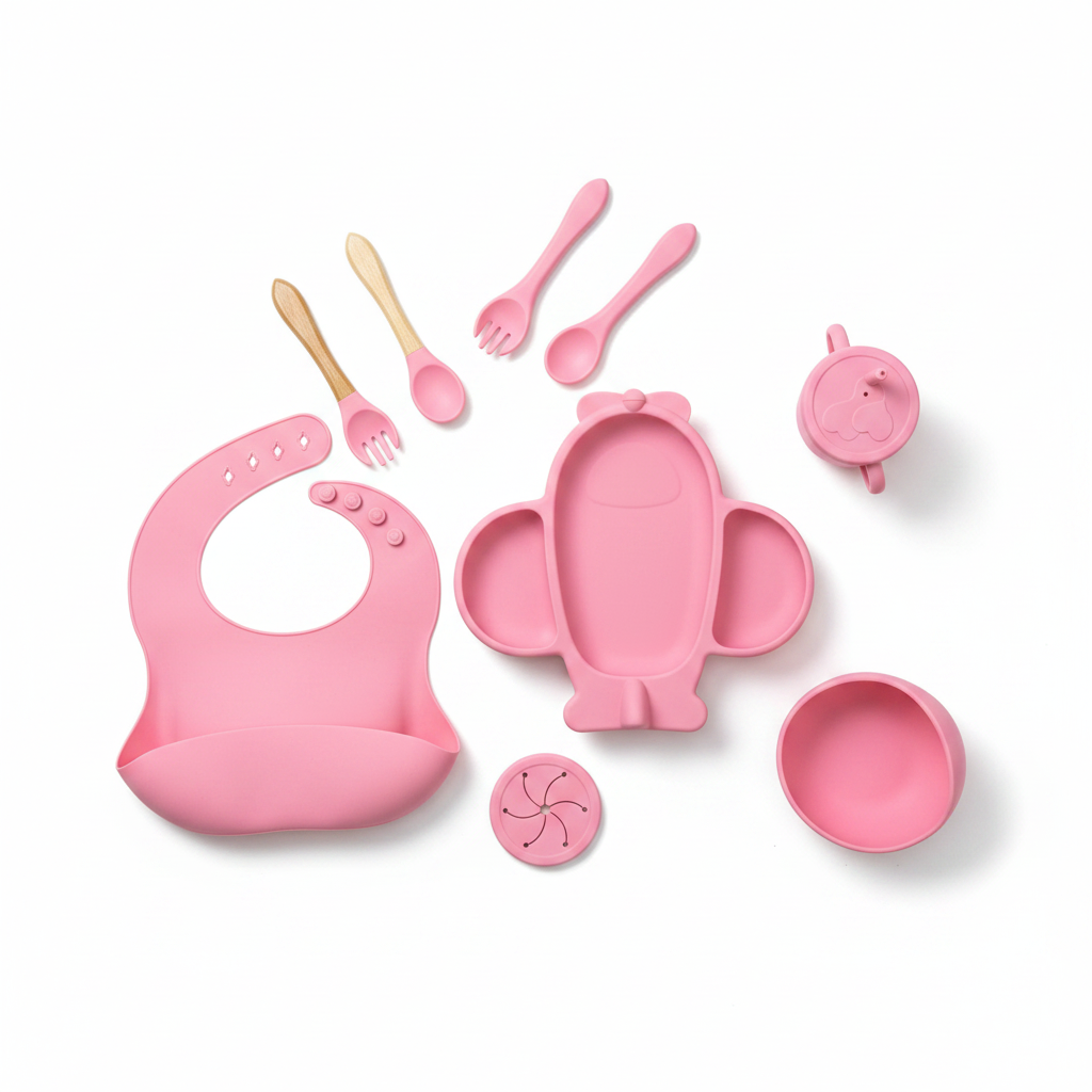 Baby 9-Piece Silicone Tableware Set – BPA-Free Feeding Set | Pink