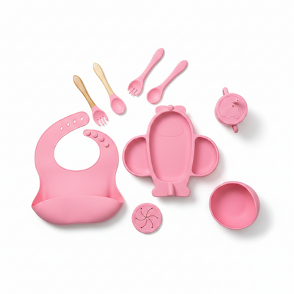Baby 9-Piece Silicone Tableware Set – BPA-Free Feeding Set | Pink