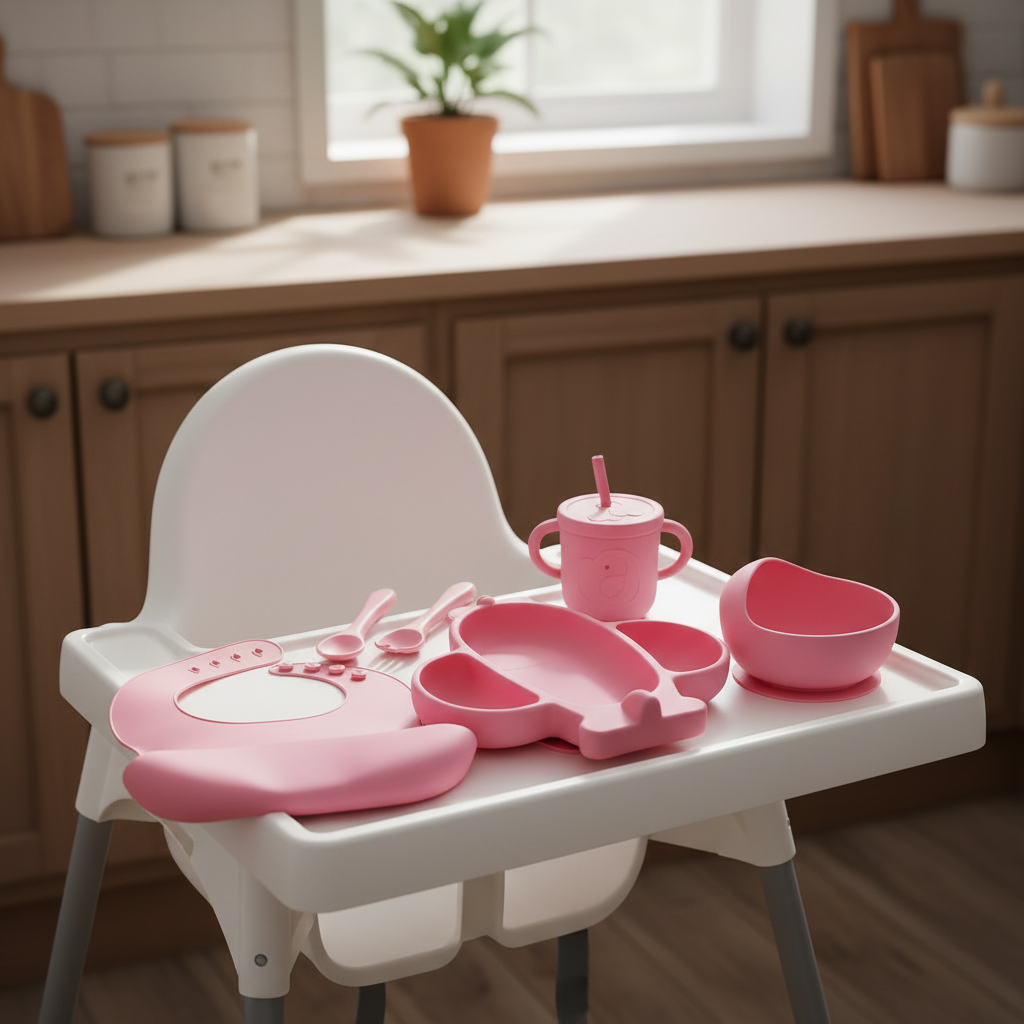 Baby 9-Piece Silicone Tableware Set – BPA-Free Feeding Set | Pink