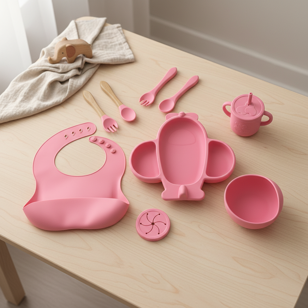 Baby 9-Piece Silicone Tableware Set – BPA-Free Feeding Set | Pink