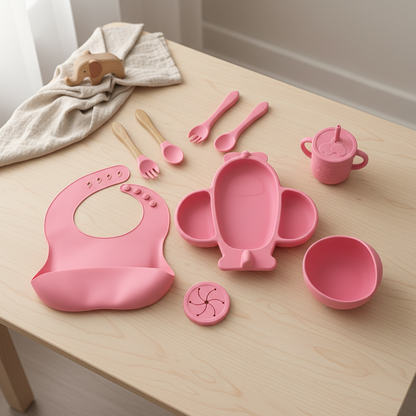 Baby 9-Piece Silicone Tableware Set – BPA-Free Feeding Set | Pink