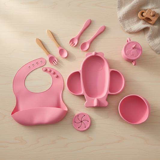 Baby 9-Piece Silicone Tableware Set – BPA-Free Feeding Set | Pink