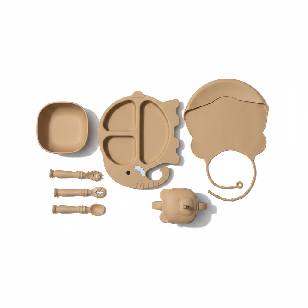Baby 7-Piece Silicone Tableware Set – BPA-Free Feeding Set | Brown