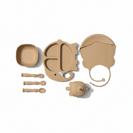 Baby 7-Piece Silicone Tableware Set – BPA-Free Feeding Set | Brown