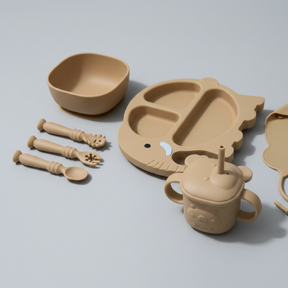 Baby 7-Piece Silicone Tableware Set – BPA-Free Feeding Set | Brown