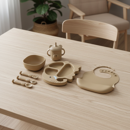 Baby 7-Piece Silicone Tableware Set – BPA-Free Feeding Set | Brown