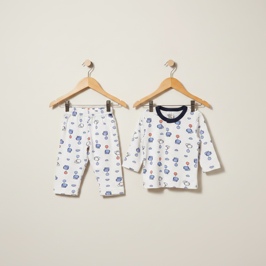 Children's pajama set with long-sleeve shirt and pants on hangers against a beige background