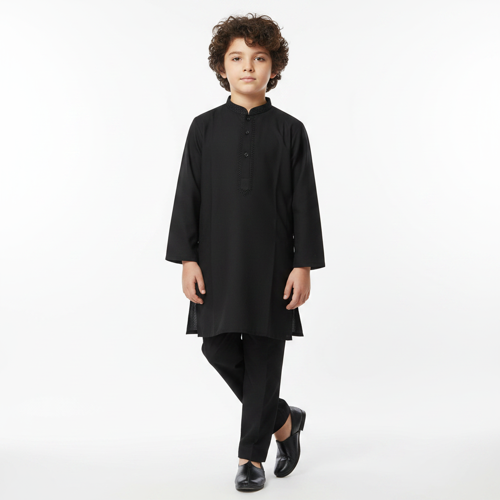 Boys Black Embroidered Kurta Shalwar – Premium Traditional Outfit for 1–7 Years