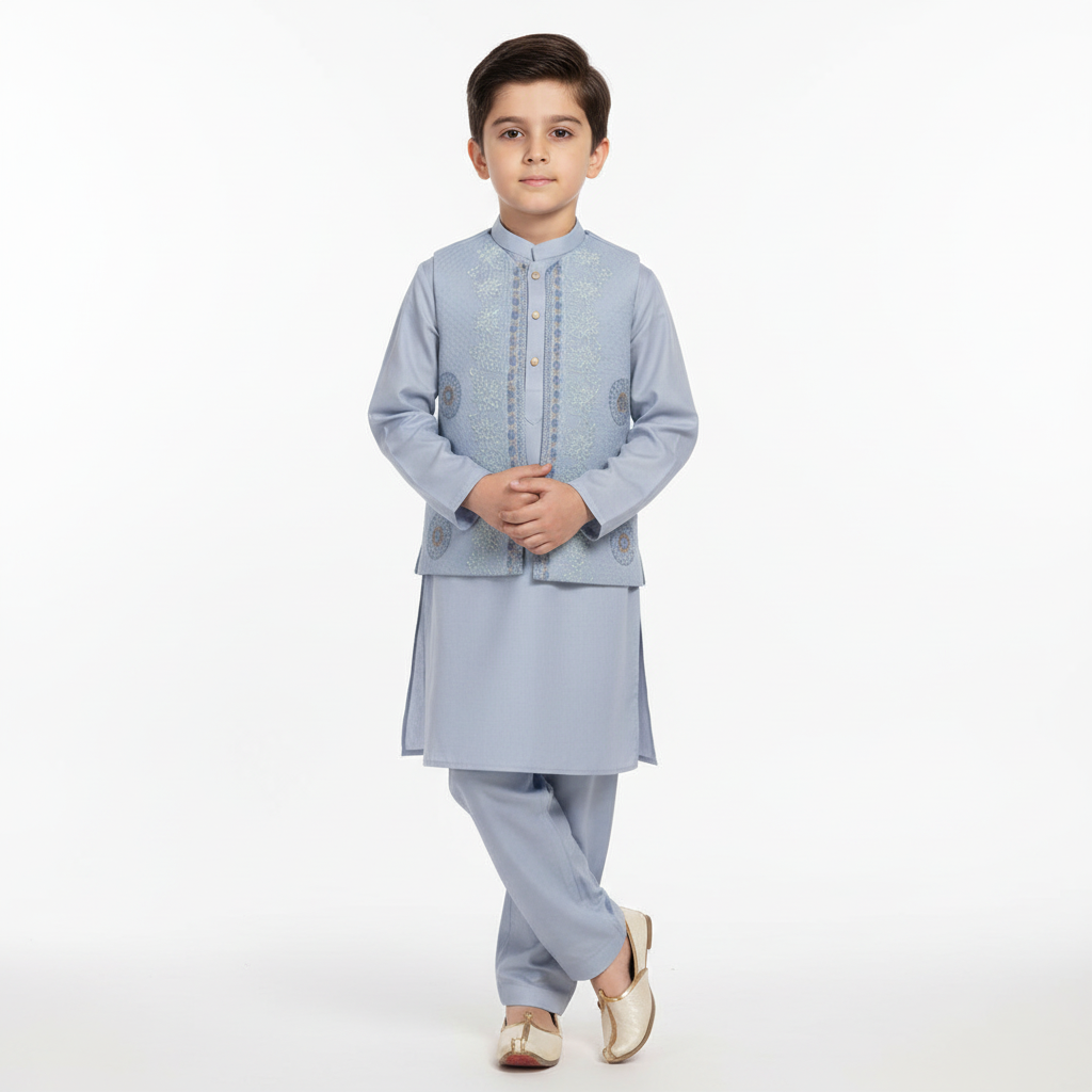 Boys 3-Piece Waistcoat Kurta Shalwar - Premium Traditional Outfit 1-2Y