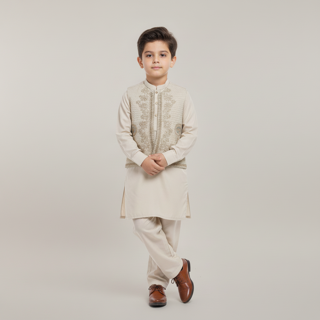 Boys 3-Piece Waistcoat Kurta Shalwar - Premium Traditional Outfit 2-3Y