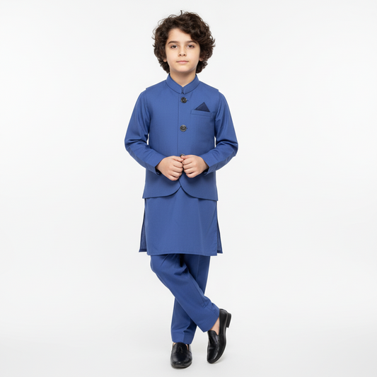 Boys Blue Kurta Shalwar with Plain Waistcoat - Traditional Outfit 4-7Y